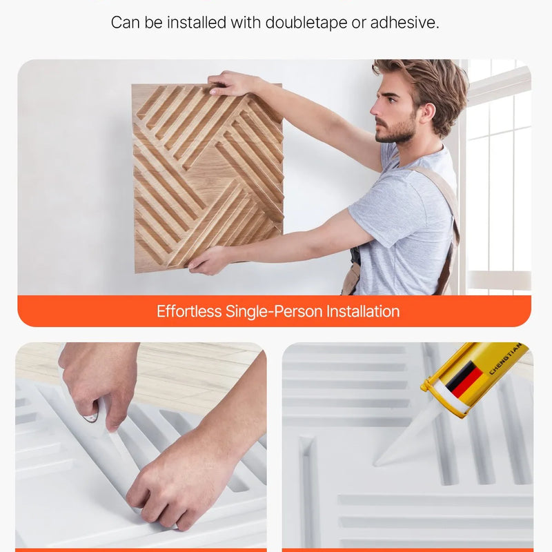 VEVOR 3D sienas paneļi, 12 gab., PVC minimālisma dizaina flīzes, 500 × 500 mm, kopējais pārklājums 3,0 m², akcenta sienas dekors interjeram griestiem, guļamistabai, viesistabai un spēļu telpai, gaiša koka tonī