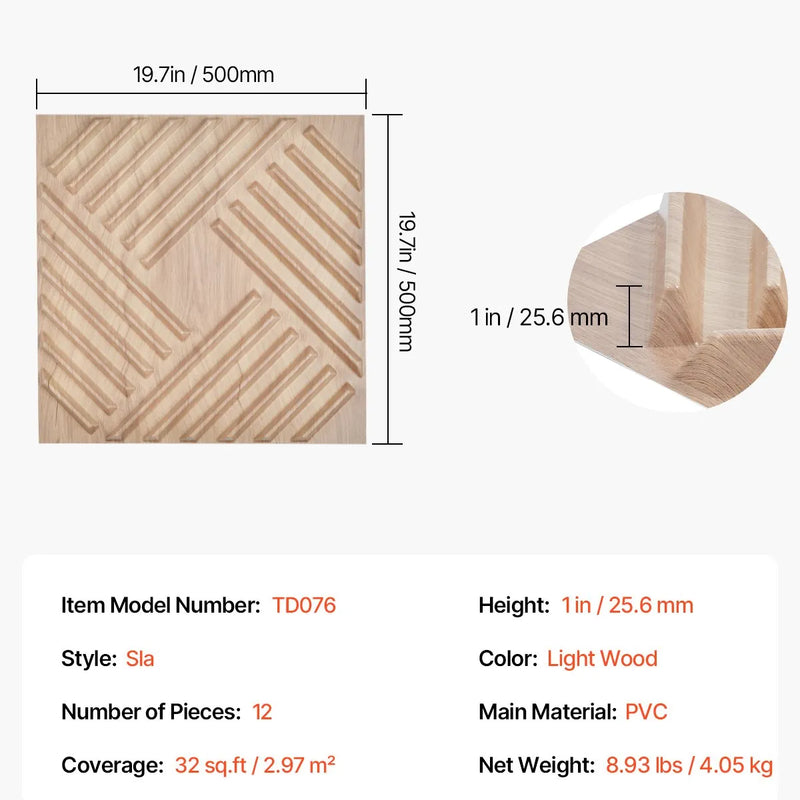 VEVOR 3D sienas paneļi, 12 gab., PVC minimālisma dizaina flīzes, 500 × 500 mm, kopējais pārklājums 3,0 m², akcenta sienas dekors interjeram griestiem, guļamistabai, viesistabai un spēļu telpai, gaiša koka tonī