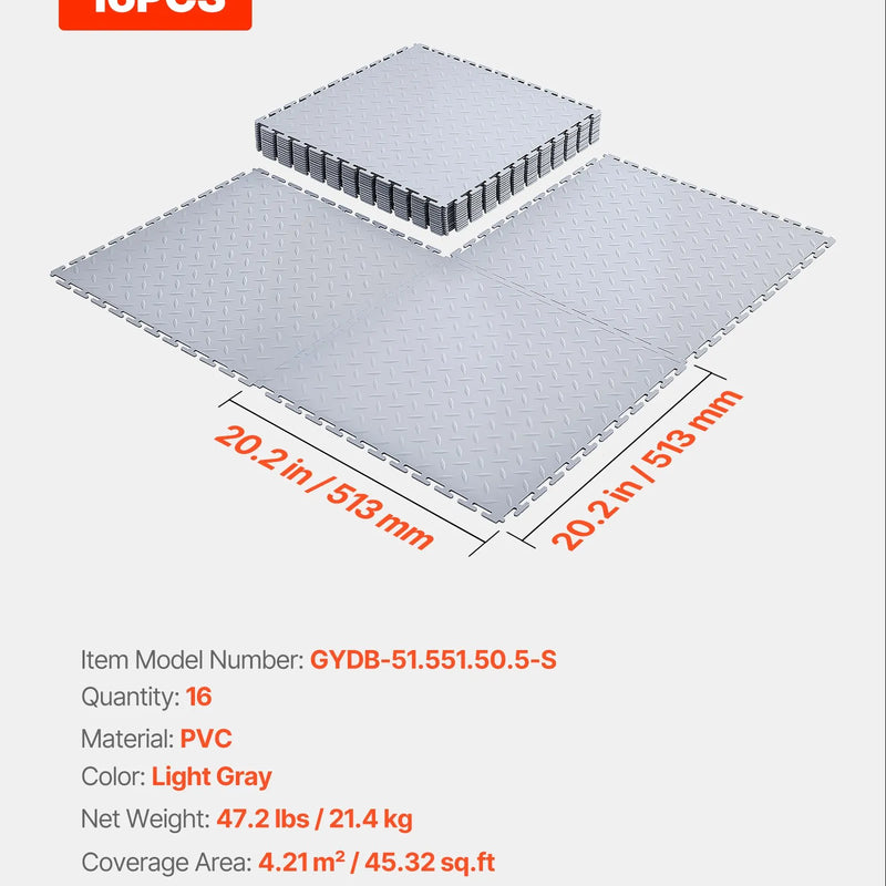 VEVOR savienojamas garāžas grīdas flīzes 513 × 513 × 5 mm, 16 gab., neslīdoši PVC paklāji ar rombveida reljefu, gaiši pelēkas