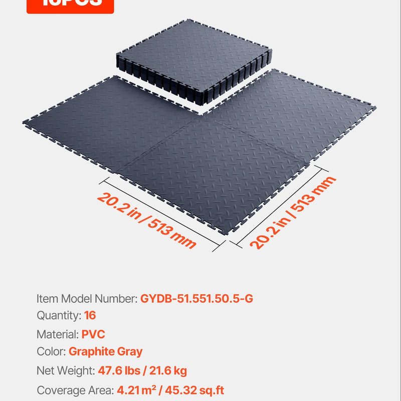 VEVOR savienojamas garāžas grīdas flīzes 513 × 513 × 5 mm, 16 gab., neslīdoši PVC paklāji ar rombveida reljefu, grafītpelēki