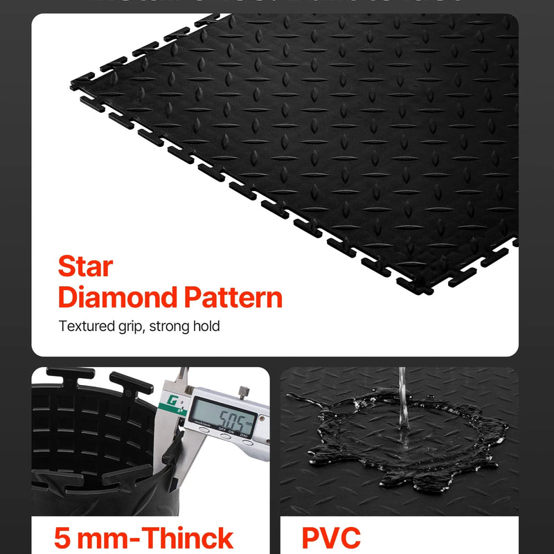VEVOR savienojamas garāžas grīdas flīzes 513 × 513 × 5 mm, 16 gab., neslīdoši PVC paklāji ar rombveida reljefu, melnas