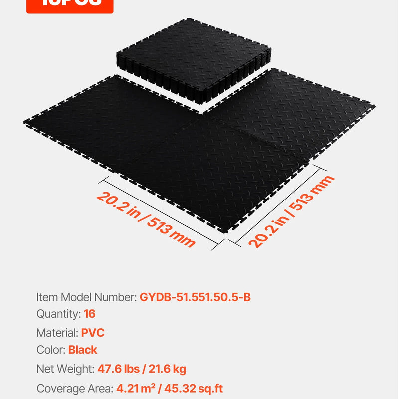 VEVOR savienojamas garāžas grīdas flīzes 513 × 513 × 5 mm, 16 gab., neslīdoši PVC paklāji ar rombveida reljefu, melnas