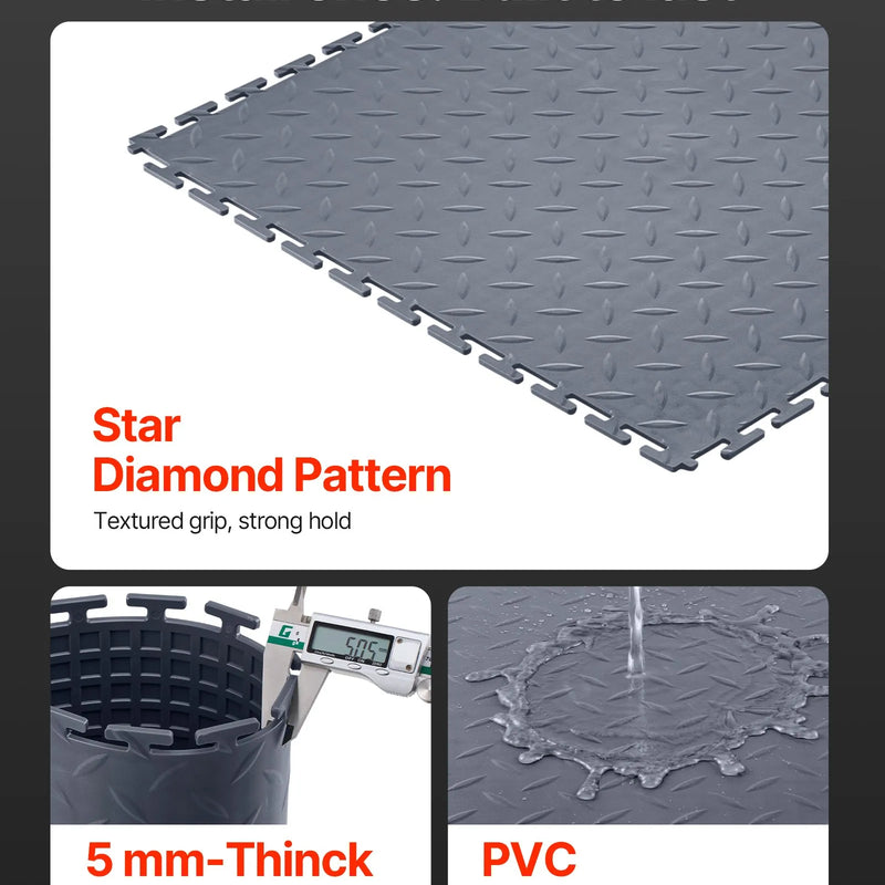 VEVOR savienojamas garāžas grīdas flīzes 513 × 513 × 5 mm, 8 gab., neslīdoši PVC paklāji ar rombveida reljefu, grafītpelēki