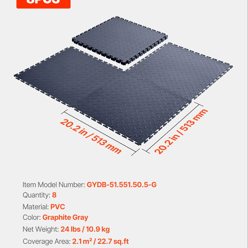 VEVOR savienojamas garāžas grīdas flīzes 513 × 513 × 5 mm, 8 gab., neslīdoši PVC paklāji ar rombveida reljefu, grafītpelēki