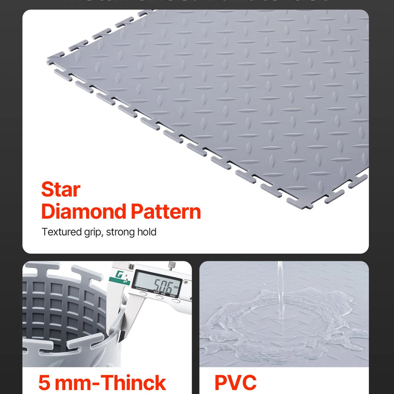 VEVOR savienojamas garāžas grīdas flīzes 513 × 513 × 5 mm, 8 gab., neslīdoši PVC paklāji ar rombveida reljefu, sudraba krāsā