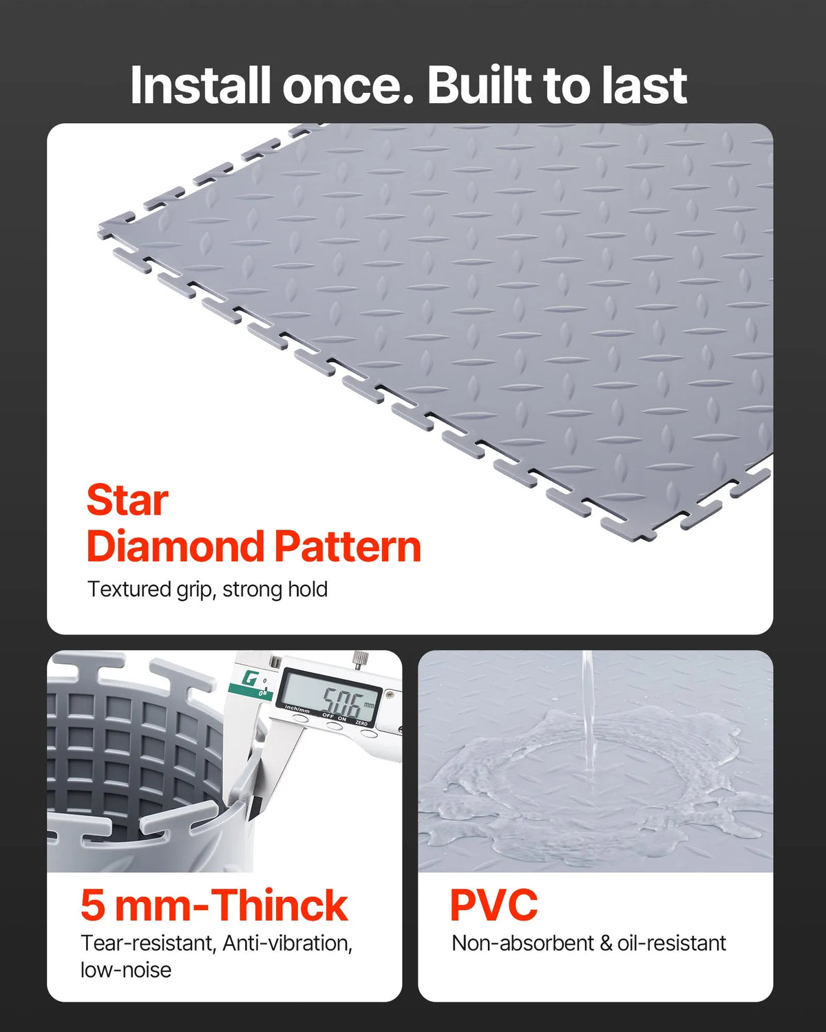 VEVOR Interlocking Garage Floor Tiles 513 × 513 × 5 mm, 8 Pieces, Non-Slip PVC Mats with Diamond Pattern, Silver