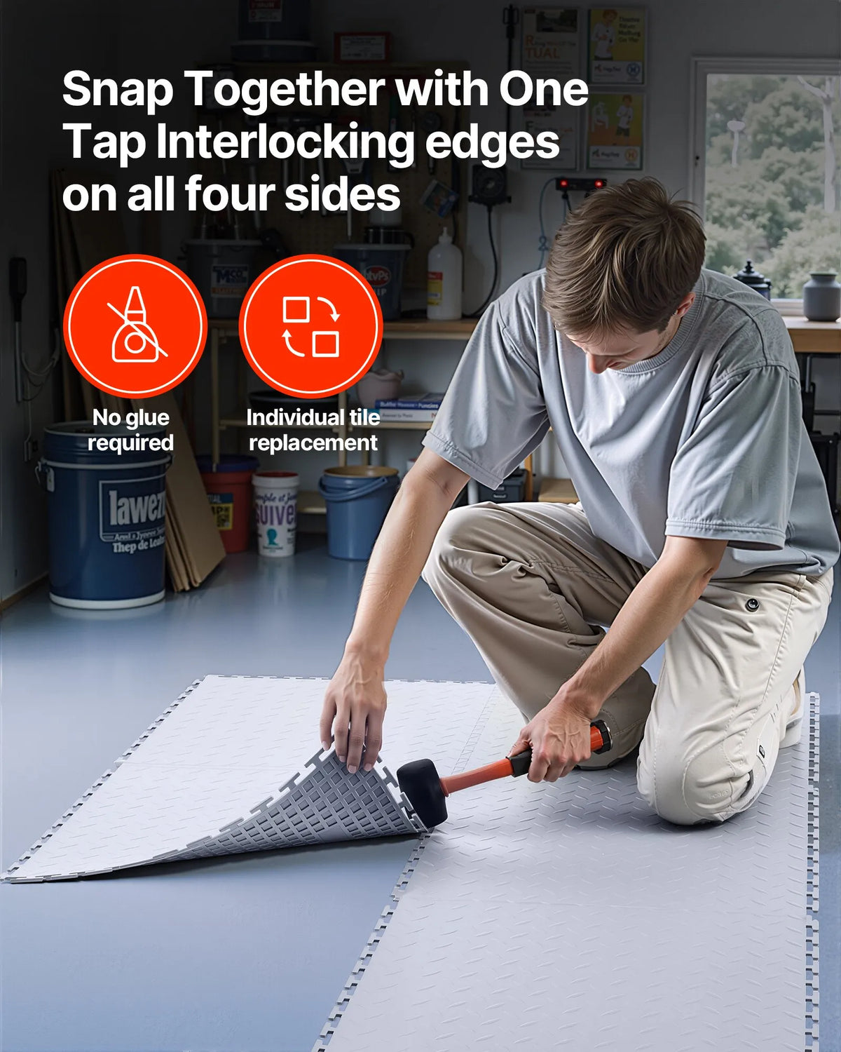 VEVOR Interlocking Garage Floor Tiles 513 × 513 × 5 mm, 8 Pieces, Non-Slip PVC Mats with Diamond Pattern, Silver