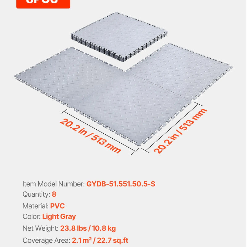 VEVOR savienojamas garāžas grīdas flīzes 513 × 513 × 5 mm, 8 gab., neslīdoši PVC paklāji ar rombveida reljefu, sudraba krāsā