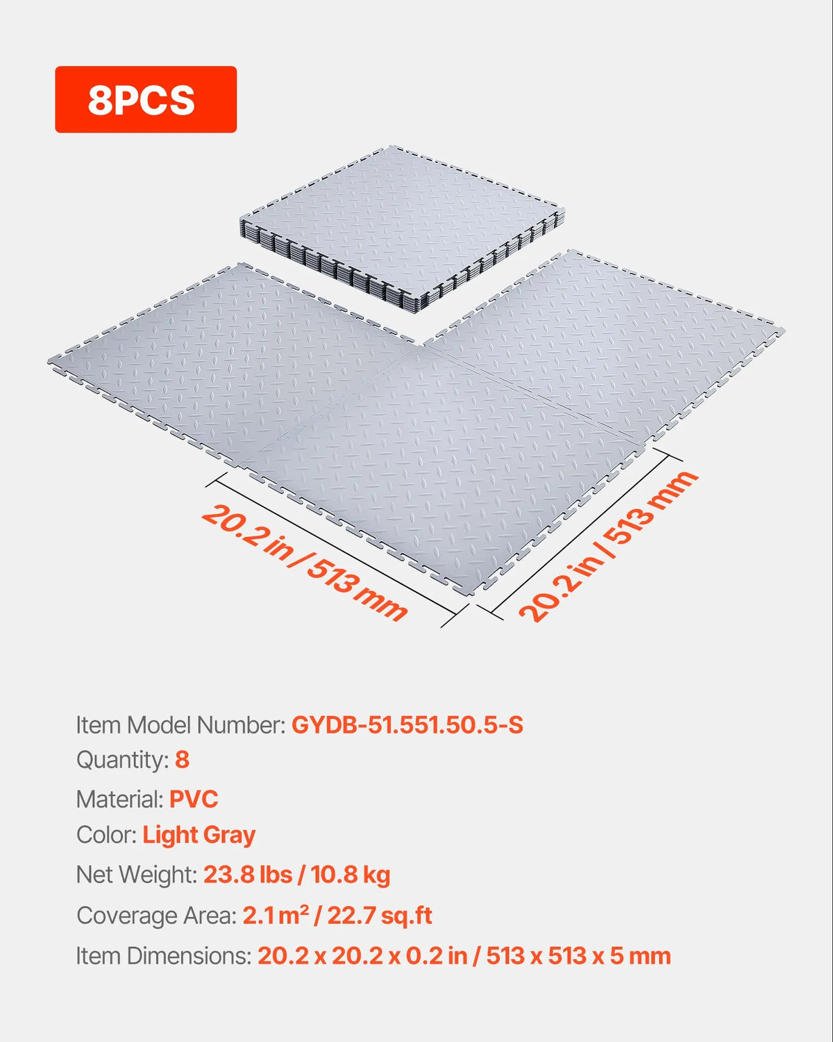 VEVOR Interlocking Garage Floor Tiles 513 × 513 × 5 mm, 8 Pieces, Non-Slip PVC Mats with Diamond Pattern, Silver
