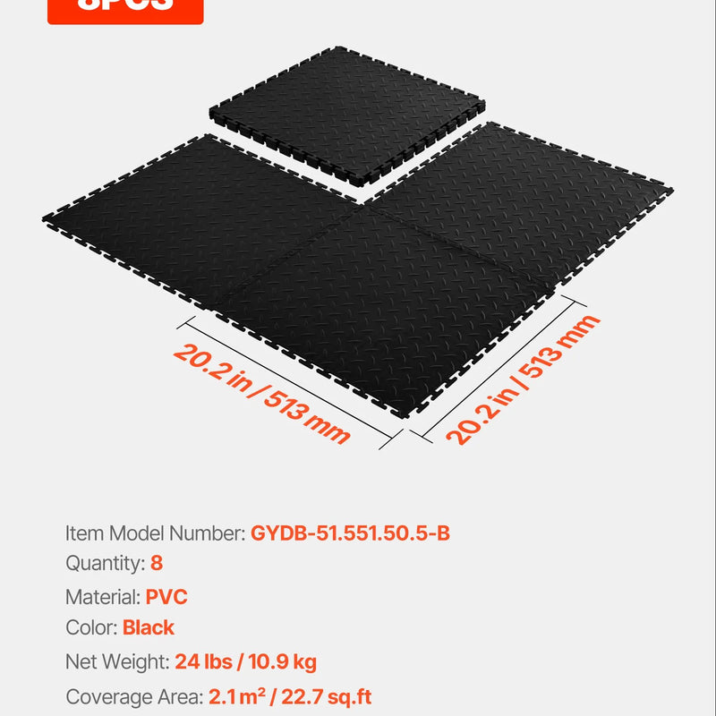 VEVOR savienojamas garāžas grīdas flīzes 513 × 513 × 5 mm, 8 gab., neslīdoši PVC paklāji ar rombveida reljefu, melnas
