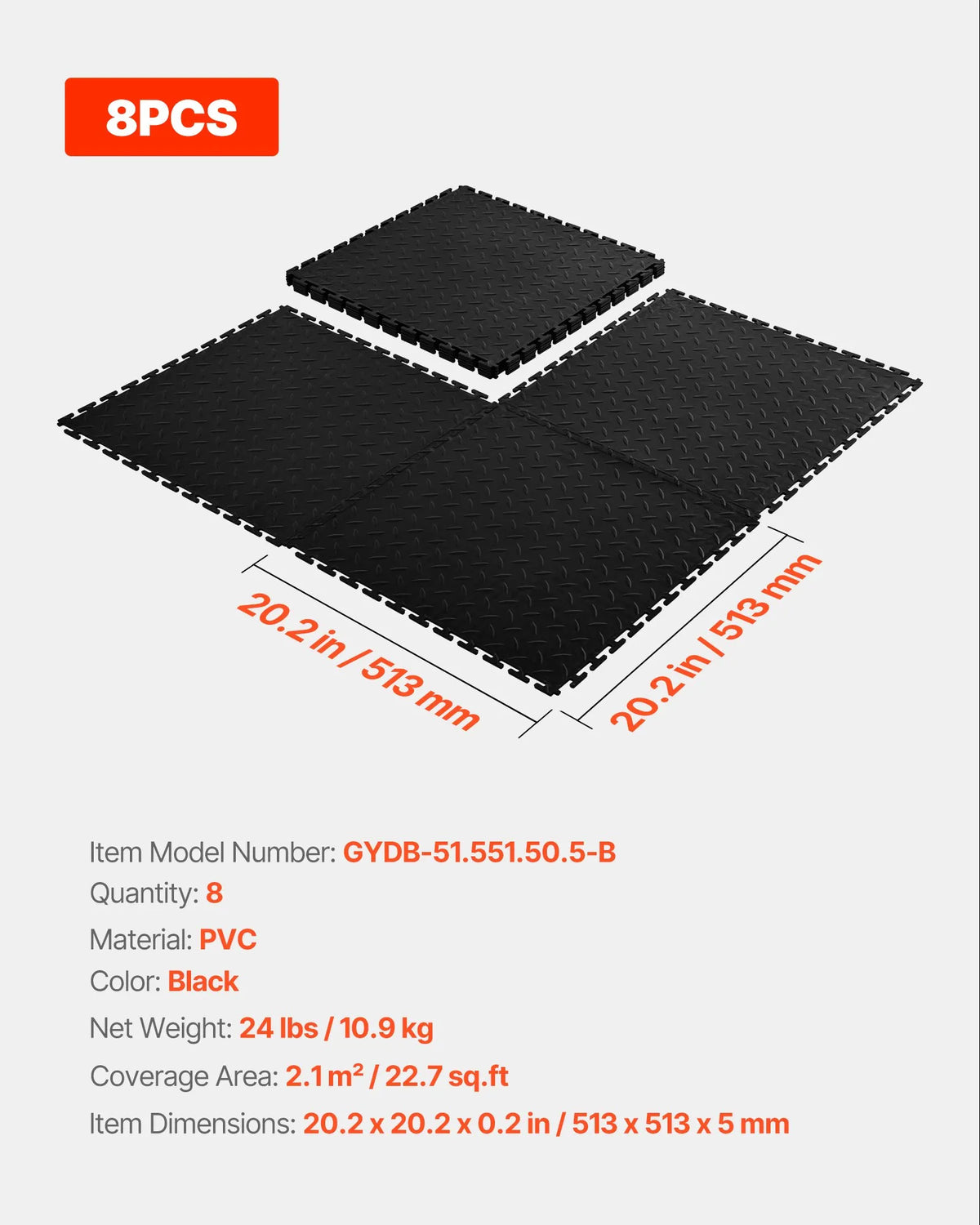 VEVOR Interlocking Garage Floor Tiles 513 × 513 × 5 mm, 8 Pieces, Non-Slip PVC Mats with Diamond Pattern, Black
