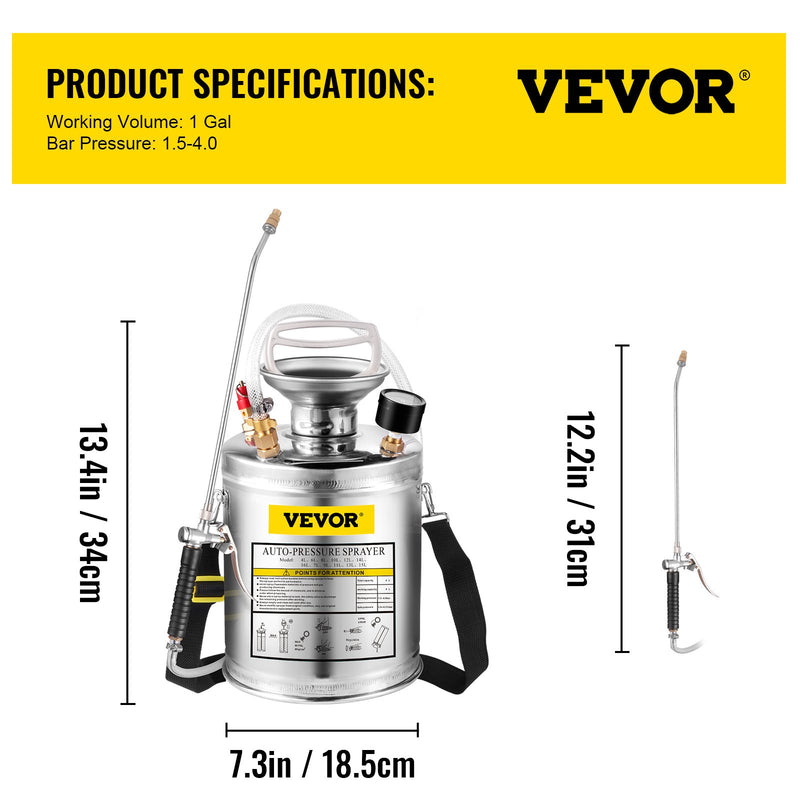 VEVOR nerūsējošā tērauda smidzinātājs 4 l mājsaimniecībai, dārzam un grīdu tīrīšanai, piemērots rūpniecībai, lauksaimniecībai, tirdzniecībai, medicīnai un citām nozarēm