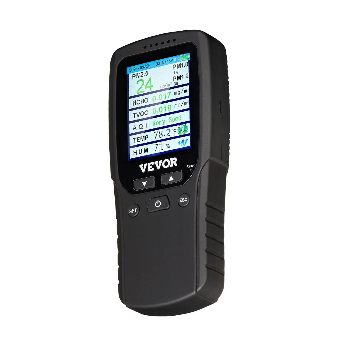 VEVOR 8-in-1 Air Quality Monitor, Professional PM2.5 / PM10 / PM1.0 Particle Counter with Formaldehyde, TVOC, Temperature and Humidity Measurement, AQI Meter for Indoor and Outdoor Use with Alarm Thresholds