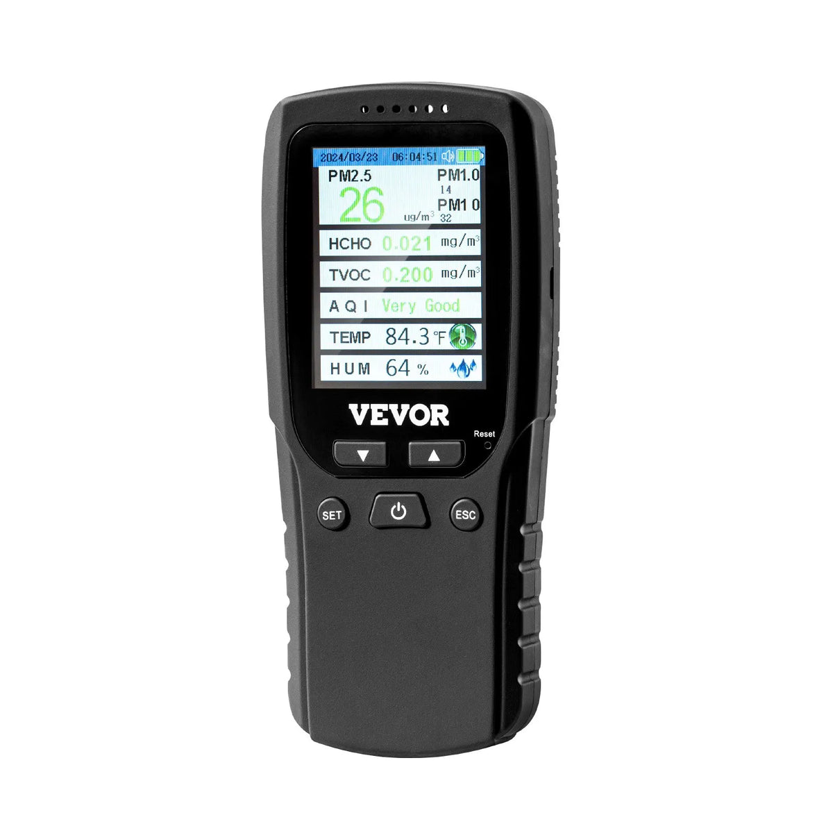 VEVOR 8-in-1 Air Quality Monitor with PM1.0 / PM2.5 / PM10 Particle Counter, Formaldehyde, TVOC, Temperature and Humidity Measurement, AQI Meter for Indoor and Outdoor Use with Alarm Thresholds