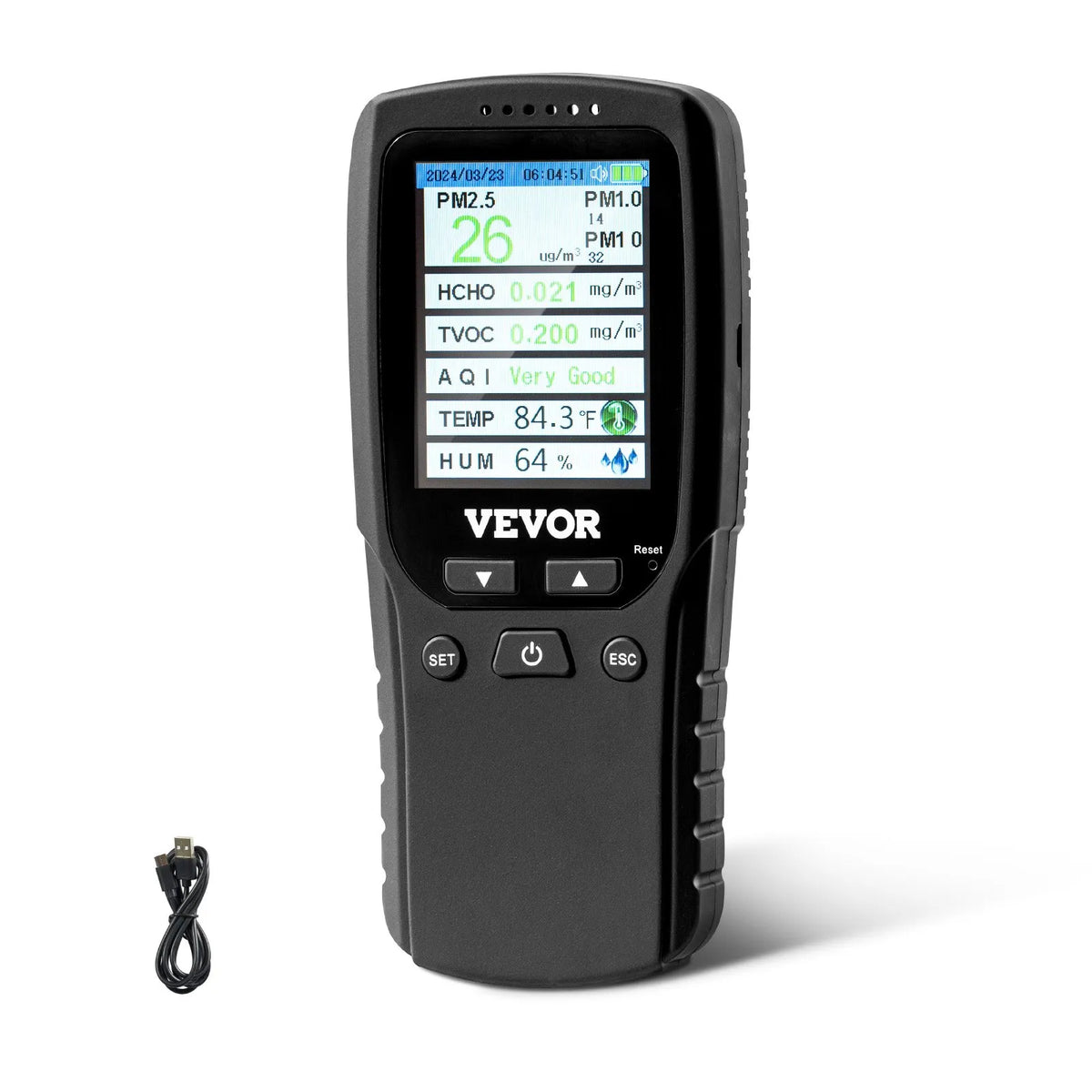 VEVOR 8-in-1 Air Quality Monitor with PM1.0 / PM2.5 / PM10 Particle Counter, Formaldehyde, TVOC, Temperature and Humidity Measurement, AQI Meter for Indoor and Outdoor Use with Alarm Thresholds