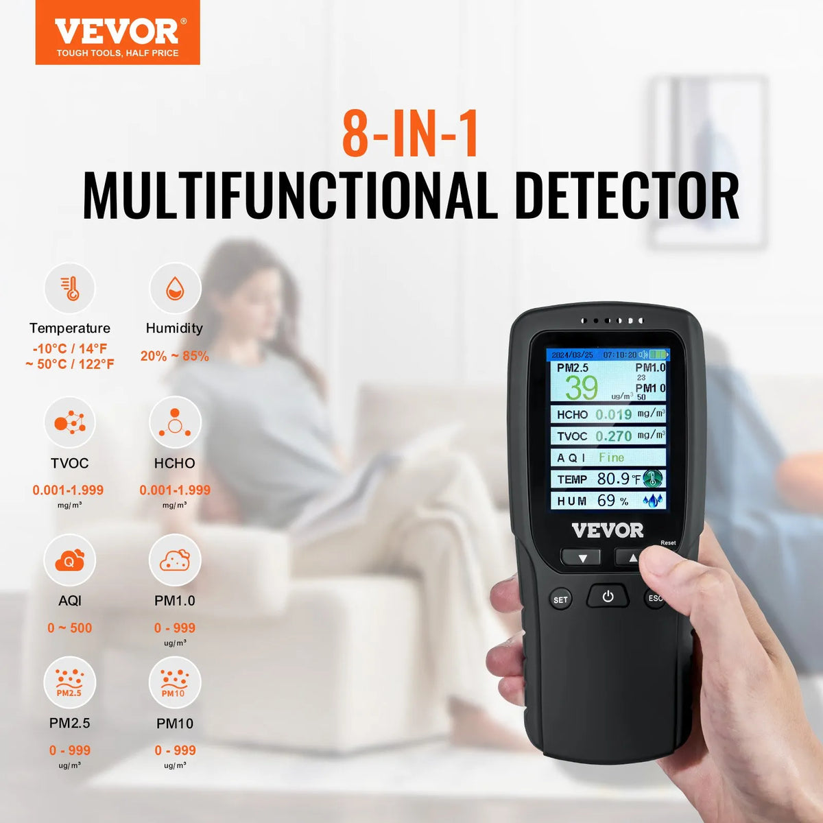 VEVOR 8-in-1 Air Quality Monitor with PM1.0 / PM2.5 / PM10 Particle Counter, Formaldehyde, TVOC, Temperature and Humidity Measurement, AQI Meter for Indoor and Outdoor Use with Alarm Thresholds