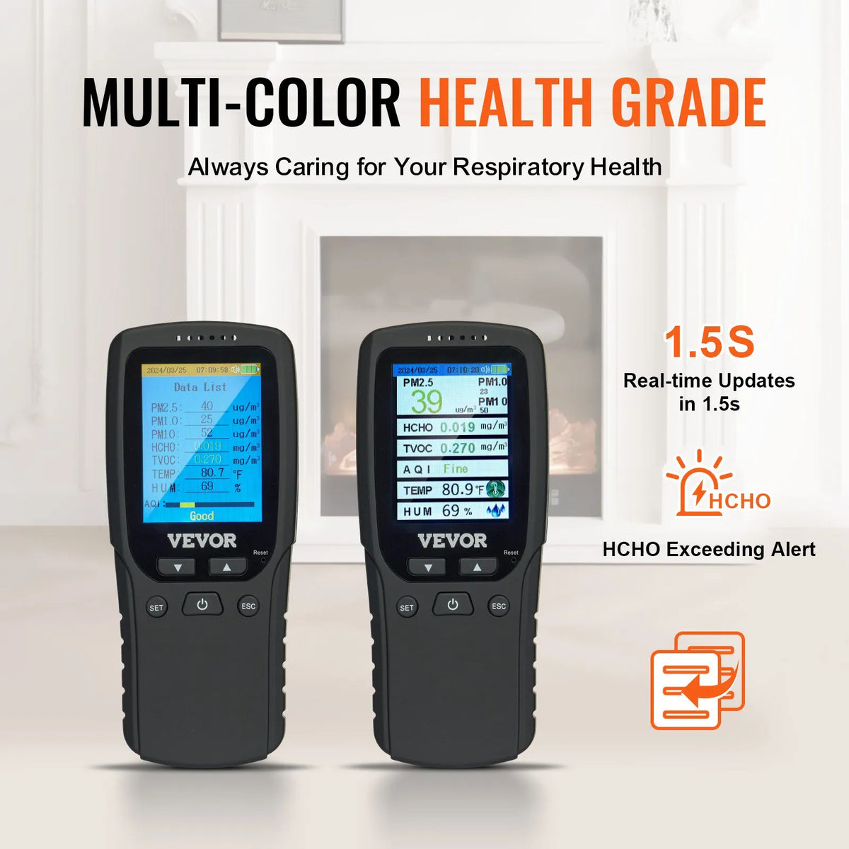 VEVOR 8-in-1 Air Quality Monitor with PM1.0 / PM2.5 / PM10 Particle Counter, Formaldehyde, TVOC, Temperature and Humidity Measurement, AQI Meter for Indoor and Outdoor Use with Alarm Thresholds