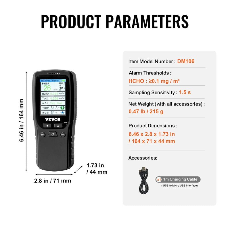 VEVOR 8-in-1 gaisa kvalitātes monitors, profesionāls PM2.5 / PM10 / PM1.0 daļiņu skaitītājs ar formaldehīda, TVOC, temperatūras un mitruma mērīšanu, AQI mērītājs lietošanai telpās un ārā ar trauksmes sliekšņiem