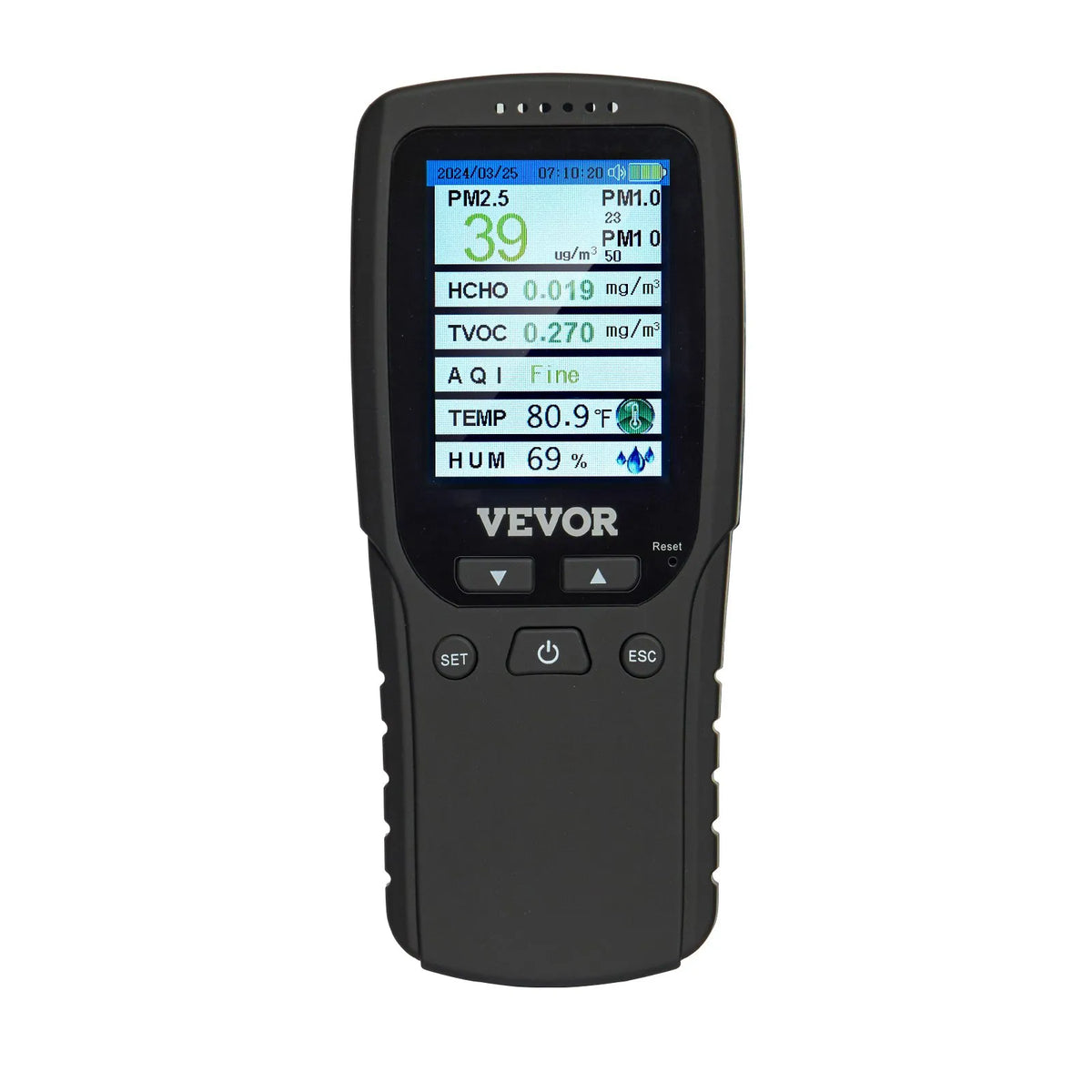VEVOR 8-in-1 Air Quality Monitor with PM1.0 / PM2.5 / PM10 Particle Counter, Formaldehyde, TVOC, Temperature and Humidity Measurement, AQI Meter for Indoor and Outdoor Use with Alarm Thresholds