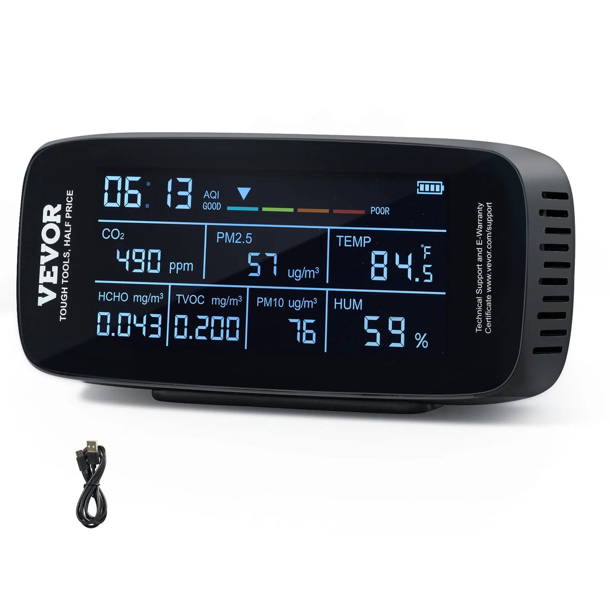 VEVOR 9-in-1 Air Quality Monitor with CO₂, Temperature, Humidity, Formaldehyde and TVOC Measurement, Professional PM1.0 / PM2.5 / PM10 Particle Counter with AQI and Alarm Thresholds for Indoor and Outdoor Use