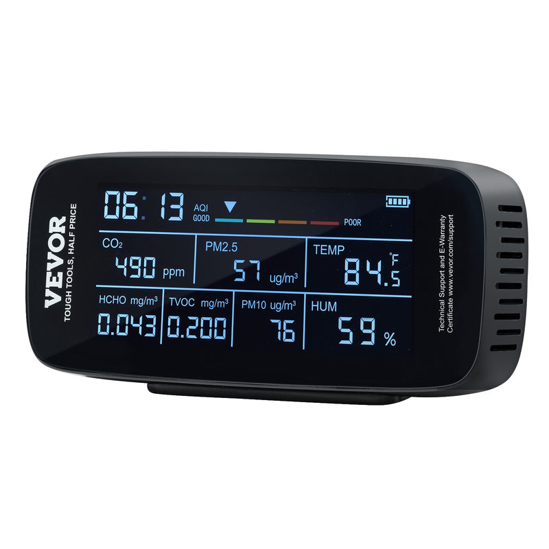 VEVOR 9-in-1 gaisa kvalitātes monitors ar CO₂, temperatūras, mitruma, formaldehīda un TVOC mērīšanu, profesionāls PM1.0 / PM2.5 / PM10 daļiņu skaitītājs ar AQI un trauksmes sliekšņiem lietošanai telpās un ārā