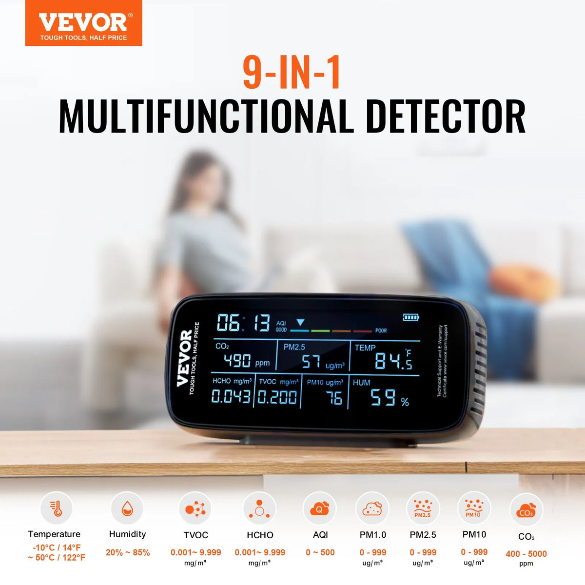 VEVOR 9-in-1 Air Quality Monitor with CO₂, Temperature, Humidity, Formaldehyde and TVOC Measurement, Professional PM1.0 / PM2.5 / PM10 Particle Counter with AQI and Alarm Thresholds for Indoor and Outdoor Use