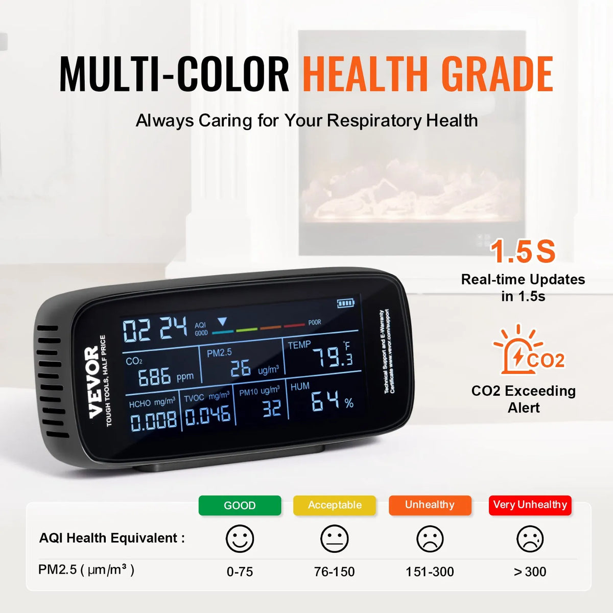 VEVOR 9-in-1 Air Quality Monitor with CO₂, Temperature, Humidity, Formaldehyde and TVOC Measurement, Professional PM1.0 / PM2.5 / PM10 Particle Counter with AQI and Alarm Thresholds for Indoor and Outdoor Use