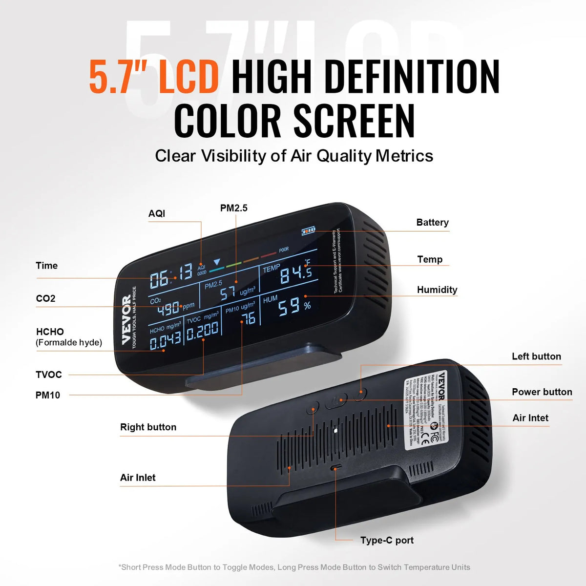 VEVOR 9-in-1 Air Quality Monitor with CO₂, Temperature, Humidity, Formaldehyde and TVOC Measurement, Professional PM1.0 / PM2.5 / PM10 Particle Counter with AQI and Alarm Thresholds for Indoor and Outdoor Use
