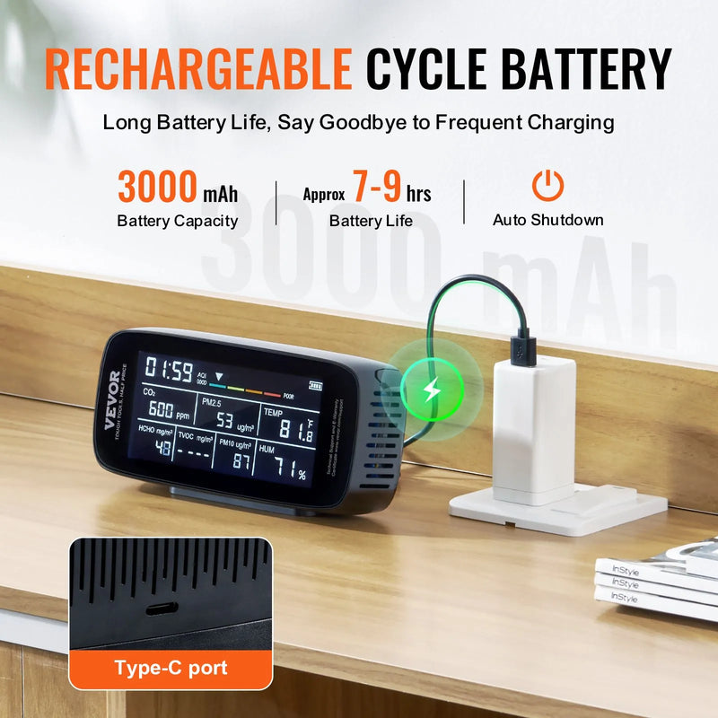 VEVOR 9-in-1 gaisa kvalitātes monitors ar CO₂, temperatūras, mitruma, formaldehīda un TVOC mērīšanu, profesionāls PM1.0 / PM2.5 / PM10 daļiņu skaitītājs ar AQI un trauksmes sliekšņiem lietošanai telpās un ārā