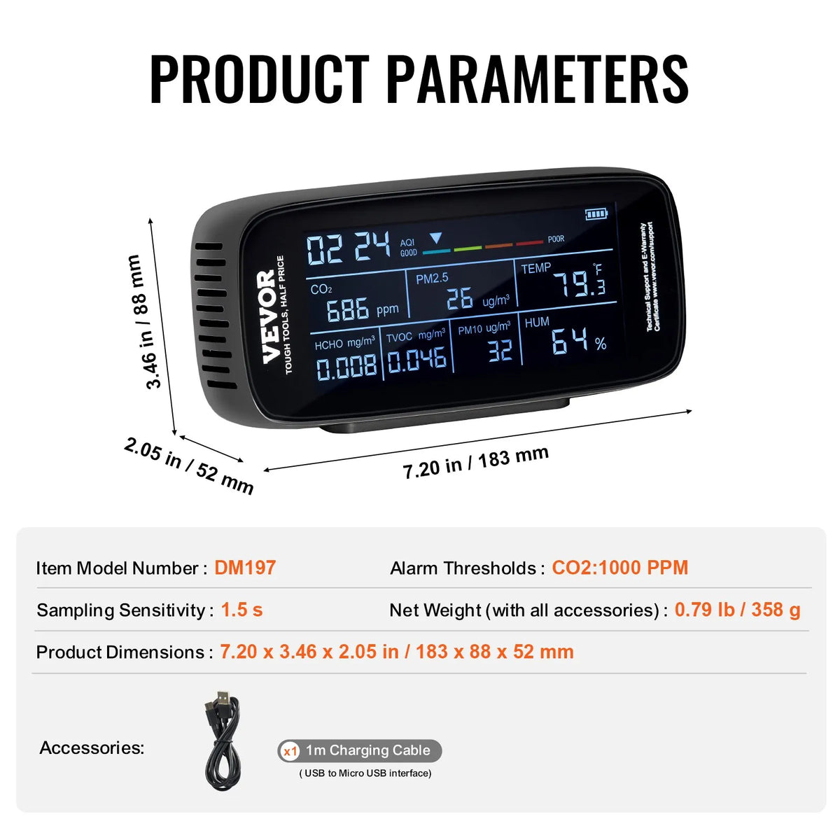 VEVOR 9-in-1 Air Quality Monitor with CO₂, Temperature, Humidity, Formaldehyde and TVOC Measurement, Professional PM1.0 / PM2.5 / PM10 Particle Counter with AQI and Alarm Thresholds for Indoor and Outdoor Use
