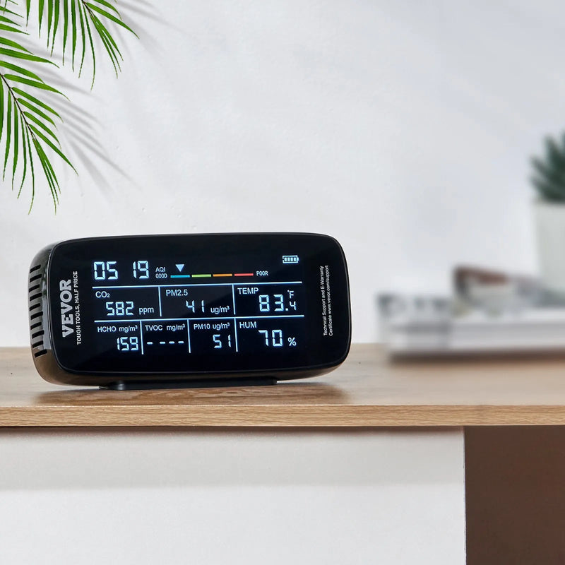 VEVOR 9-in-1 gaisa kvalitātes monitors ar CO₂, temperatūras, mitruma, formaldehīda un TVOC mērīšanu, profesionāls PM1.0 / PM2.5 / PM10 daļiņu skaitītājs ar AQI un trauksmes sliekšņiem lietošanai telpās un ārā