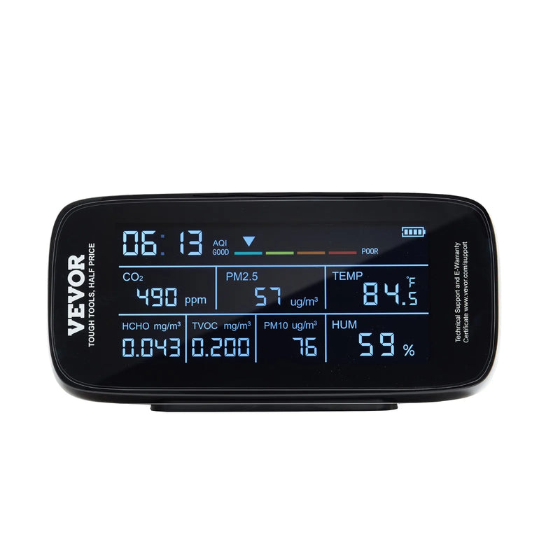 VEVOR 9-in-1 gaisa kvalitātes monitors ar CO₂, temperatūras, mitruma, formaldehīda un TVOC mērīšanu, profesionāls PM1.0 / PM2.5 / PM10 daļiņu skaitītājs ar AQI un trauksmes sliekšņiem lietošanai telpās un ārā