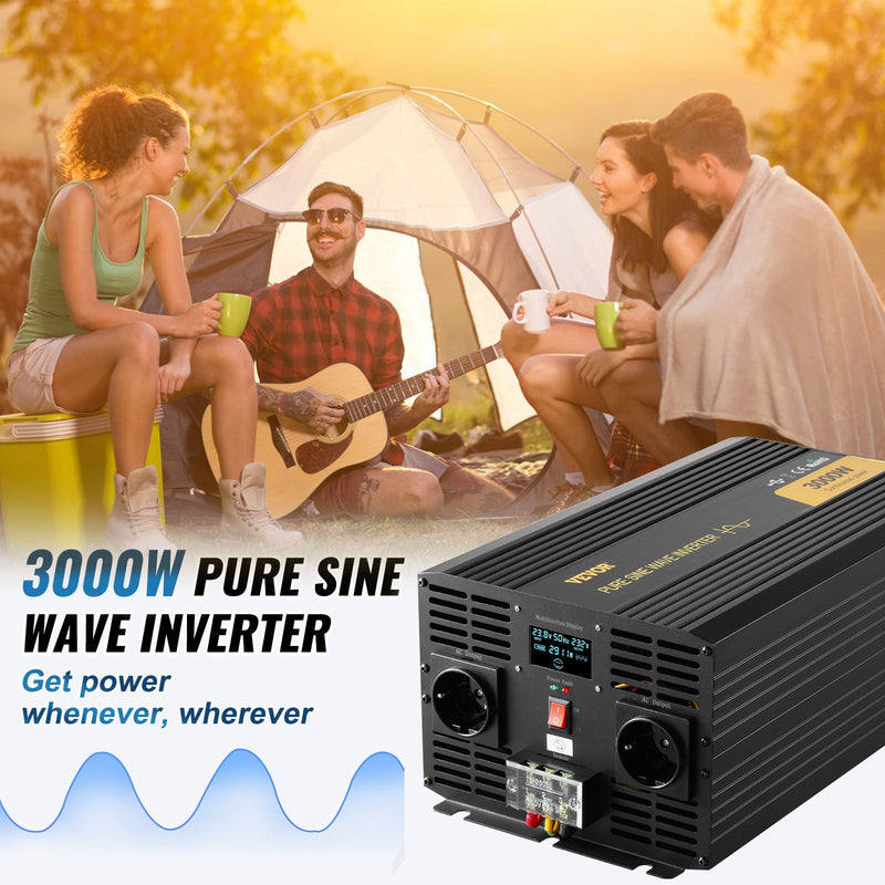 VEVOR tīrā sinusoidālā viļņa invertora jaudas pārveidotājs 3000W DC24V līdz AC230V, invertora LCD