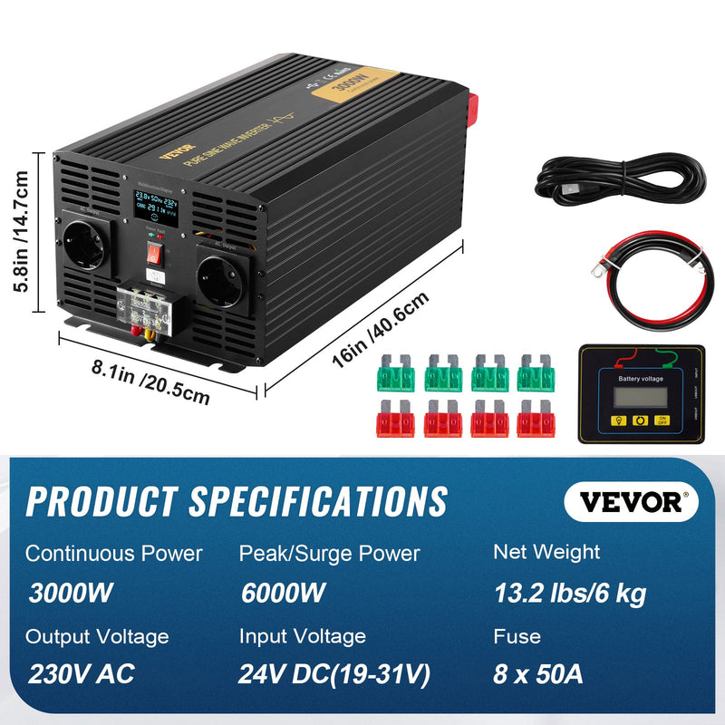 VEVOR tīrā sinusoidālā viļņa invertora jaudas pārveidotājs 3000W DC24V līdz AC230V, invertora LCD