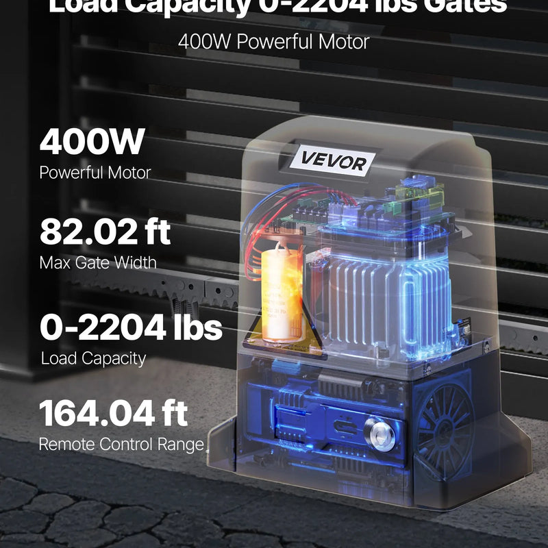 VEVOR Automātiskais bīdāmo vārtu atvērējs 400 W, elektrisks motors vārtiem līdz 25 m un 1000 kg, neilona zobratu sliede, infrasarkanais sensors un 2 tālvadības pultis, piebraucamo vārtu atvēršanas sistēma