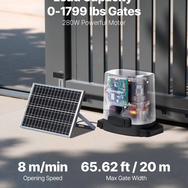 VEVOR Saules bīdāmo vārtu atvērējs 280 W, elektrisks motors vārtiem līdz 20 m un 816 kg, zobratu sliedes žoga vārtu motors ar infrasarkano sensoru un 2 tālvadības pultīm, piebraucamo vārtu atvēršanas sistēma