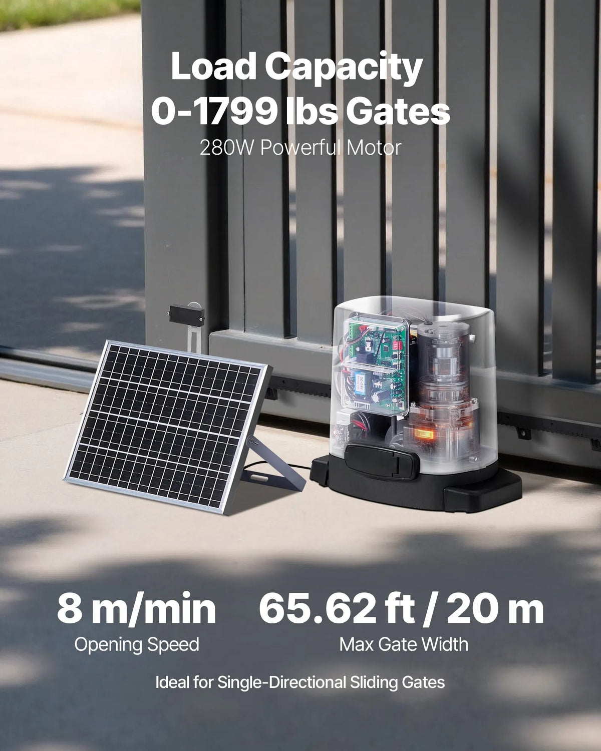 VEVOR Solar Sliding Gate Opener 280 W, Electric Motor for Gates up to 20 m and 816 kg, Rack and Pinion Gate Motor with Infrared Sensor and 2 Remote Controls, Driveway Gate Opening System