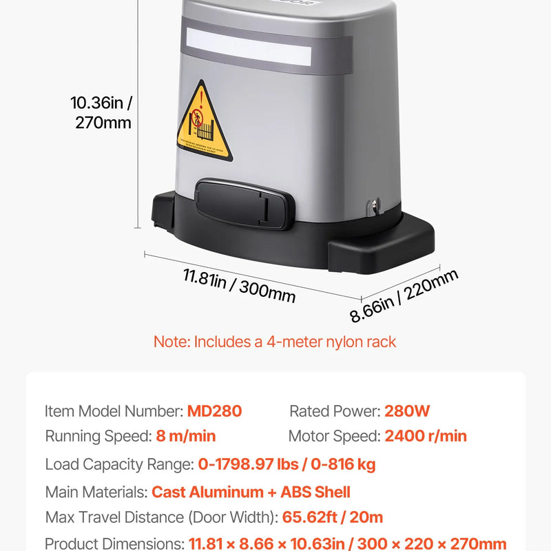 VEVOR Saules bīdāmo vārtu atvērējs 280 W, elektrisks motors vārtiem līdz 20 m un 816 kg, zobratu sliedes žoga vārtu motors ar infrasarkano sensoru un 2 tālvadības pultīm, piebraucamo vārtu atvēršanas sistēma