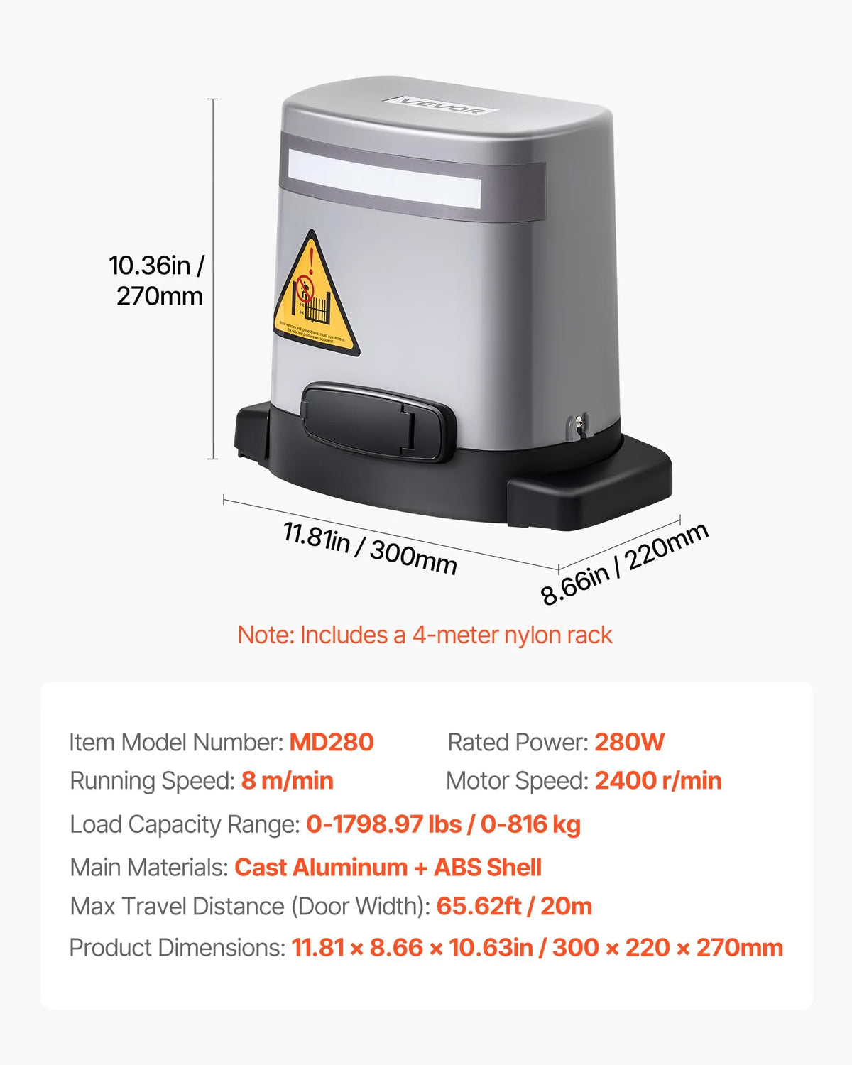 VEVOR Solar Sliding Gate Opener 280 W, Electric Motor for Gates up to 20 m and 816 kg, Rack and Pinion Gate Motor with Infrared Sensor and 2 Remote Controls, Driveway Gate Opening System