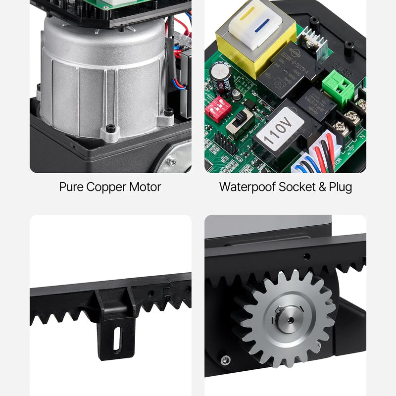 VEVOR Automātiskais bīdāmo vārtu atvērējs 280 W, elektrisks motors vārtiem līdz 25 m un 816 kg, neilona zobratu sliede, infrasarkanais sensors un 2 tālvadības pultis, piebraucamo vārtu atvēršanas sistēma