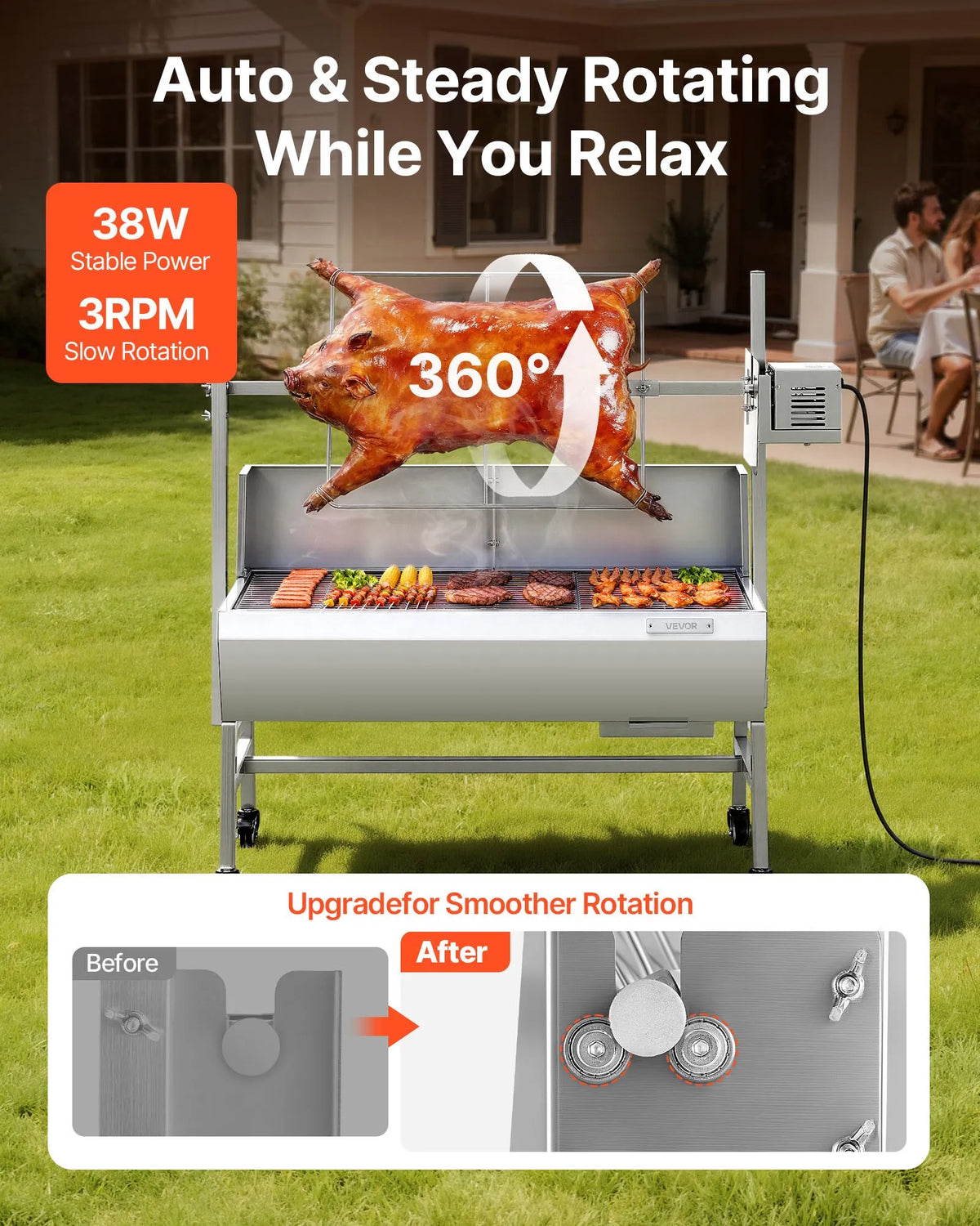 VEVOR elektriskais rotācijas grils, 38 W BBQ āra cūkas un jēra iesma grils, ogļu iesma grils ar 60 kg slodzes ietilpību un 7 līmeņu augstuma regulēšanu, nerūsējošā tērauda elektriskais rotācijas grila komplekts kempingam un lietošanai ārā
