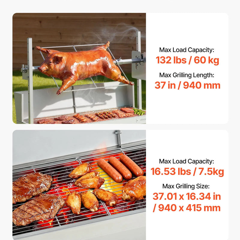 VEVOR elektriskais rotācijas grils, 38 W BBQ āra cūkas un jēra iesma grils, ogļu iesma grils ar 60 kg slodzes ietilpību un 7 līmeņu augstuma regulēšanu, nerūsējošā tērauda elektriskais rotācijas grila komplekts kempingam un lietošanai ārā