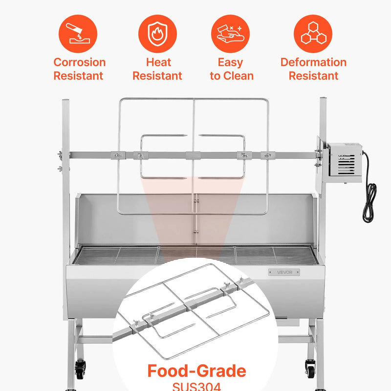 VEVOR elektriskais rotācijas grils, 38 W BBQ āra cūkas un jēra iesma grils, ogļu iesma grils ar 60 kg slodzes ietilpību un 7 līmeņu augstuma regulēšanu, nerūsējošā tērauda elektriskais rotācijas grila komplekts kempingam un lietošanai ārā