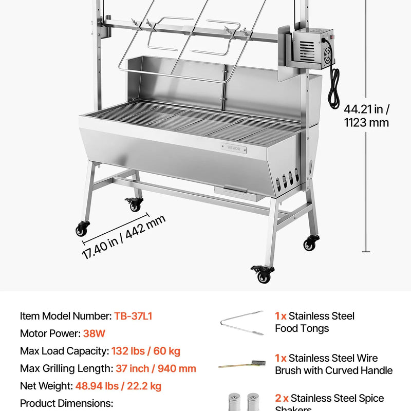 VEVOR elektriskais rotācijas grils, 38 W BBQ āra cūkas un jēra iesma grils, ogļu iesma grils ar 60 kg slodzes ietilpību un 7 līmeņu augstuma regulēšanu, nerūsējošā tērauda elektriskais rotācijas grila komplekts kempingam un lietošanai ārā
