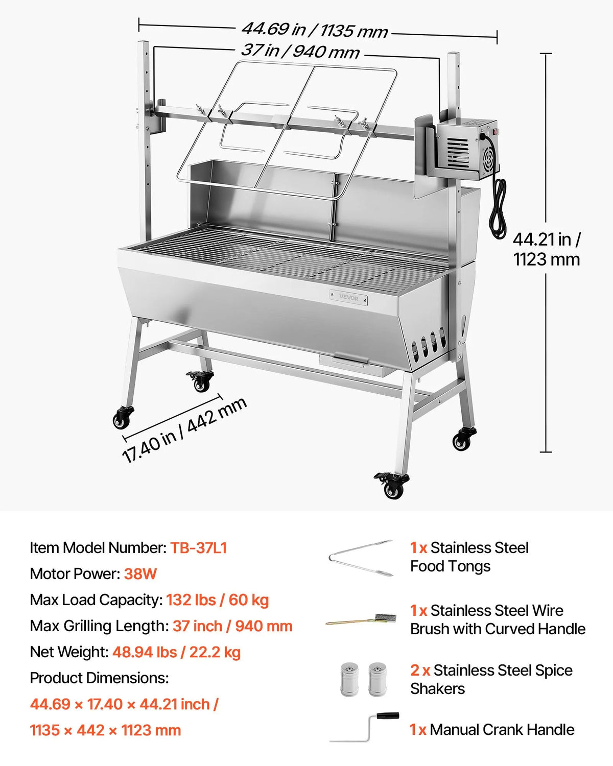 VEVOR elektriskais rotācijas grils, 38 W BBQ āra cūkas un jēra iesma grils, ogļu iesma grils ar 60 kg slodzes ietilpību un 7 līmeņu augstuma regulēšanu, nerūsējošā tērauda elektriskais rotācijas grila komplekts kempingam un lietošanai ārā