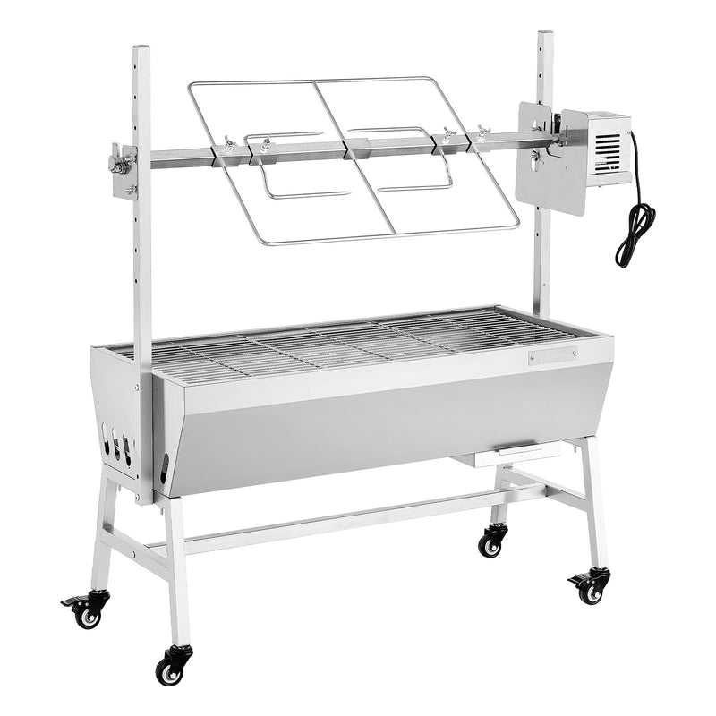 VEVOR rotējošais grils (spits), 38 W āra BBQ cūkas un jēra cepšanai, ogļu spits ar 60 kg kravnesību, ar riteņiem un 7 līmeņu augstuma regulēšanu, nerūsējošā tērauda elektriskais rotējošā grila komplekts kempingam un āra pasākumiem