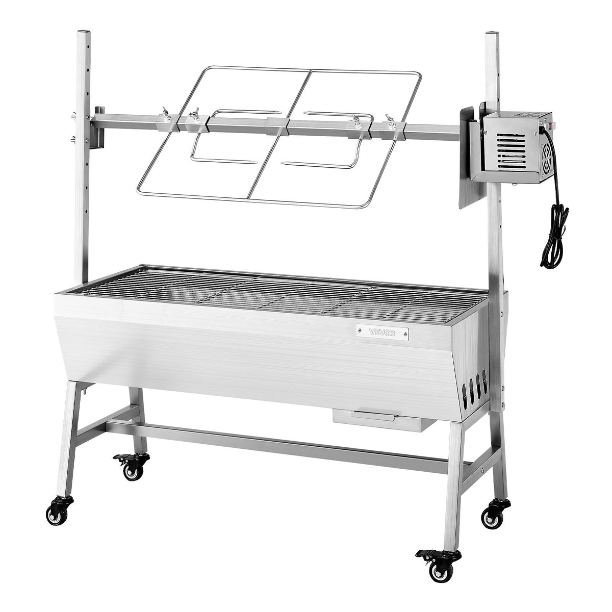 VEVOR rotējošais grils (spits), 38 W āra BBQ cūkas un jēra cepšanai, ogļu spits ar 60 kg kravnesību, ar riteņiem un 7 līmeņu augstuma regulēšanu, nerūsējošā tērauda elektriskais rotējošā grila komplekts kempingam un āra pasākumiem
