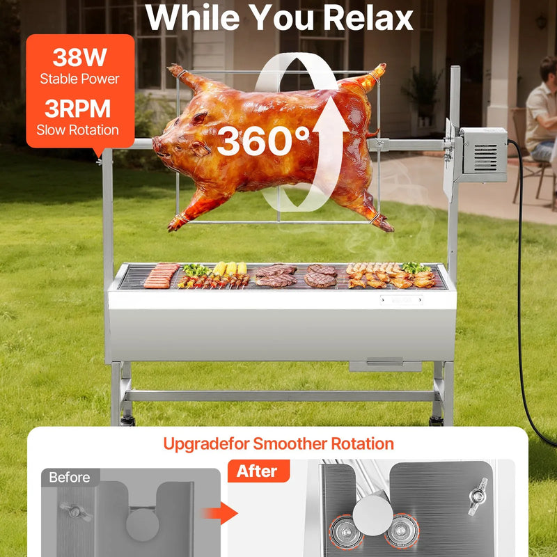 VEVOR rotējošais grils (spits), 38 W āra BBQ cūkas un jēra cepšanai, ogļu spits ar 60 kg kravnesību, ar riteņiem un 7 līmeņu augstuma regulēšanu, nerūsējošā tērauda elektriskais rotējošā grila komplekts kempingam un āra pasākumiem