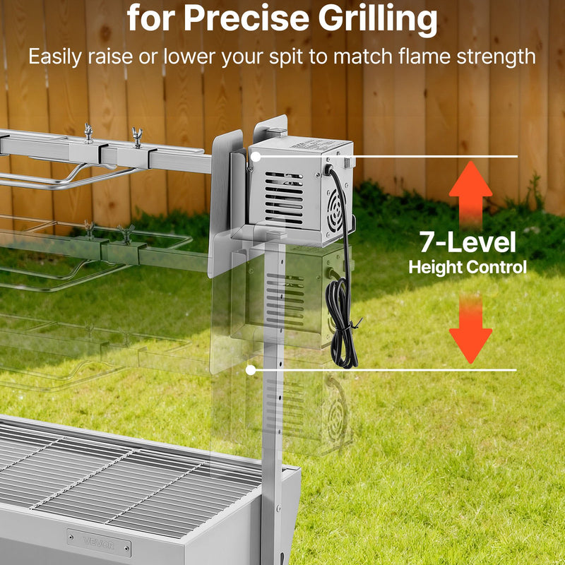VEVOR rotējošais grils (spits), 38 W āra BBQ cūkas un jēra cepšanai, ogļu spits ar 60 kg kravnesību, ar riteņiem un 7 līmeņu augstuma regulēšanu, nerūsējošā tērauda elektriskais rotējošā grila komplekts kempingam un āra pasākumiem
