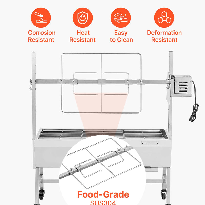 VEVOR rotējošais grils (spits), 38 W āra BBQ cūkas un jēra cepšanai, ogļu spits ar 60 kg kravnesību, ar riteņiem un 7 līmeņu augstuma regulēšanu, nerūsējošā tērauda elektriskais rotējošā grila komplekts kempingam un āra pasākumiem